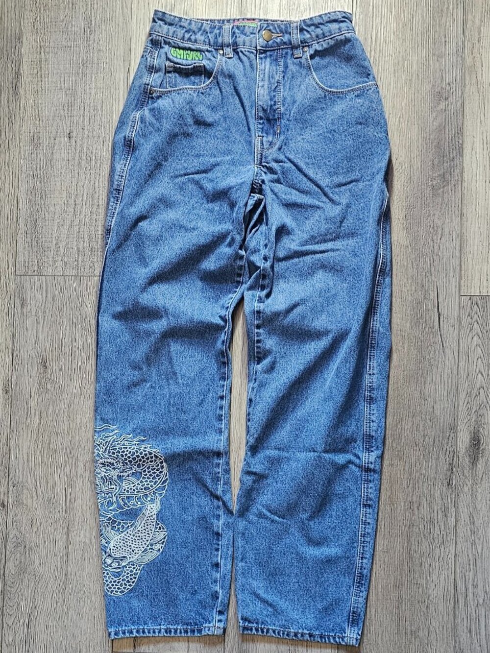 Baggy EMPYRE Dragon Embroidery High Rise Straight Jeans Blue Wash Size 26"